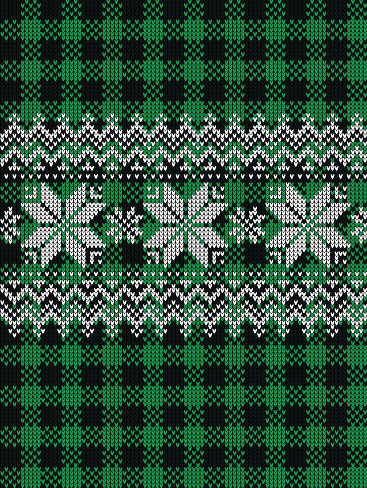 Ugly sweater at Buffalo Plaid Merry Christmas and Happy New Year greeting card frame border . illustration knitted background seamless pattern with folk style scandinavian ornaments. vector