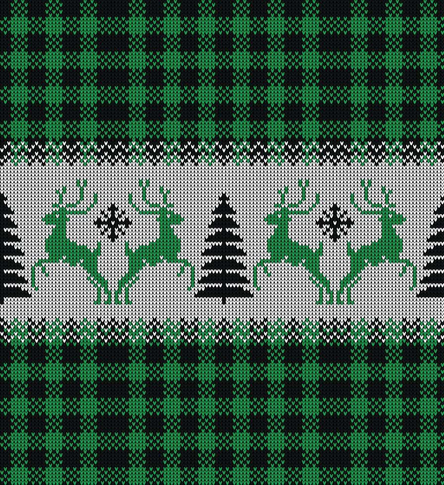 Ugly sweater at Buffalo Plaid Merry Christmas and Happy New Year greeting card frame border . illustration knitted background seamless pattern with folk style scandinavian ornaments. vector