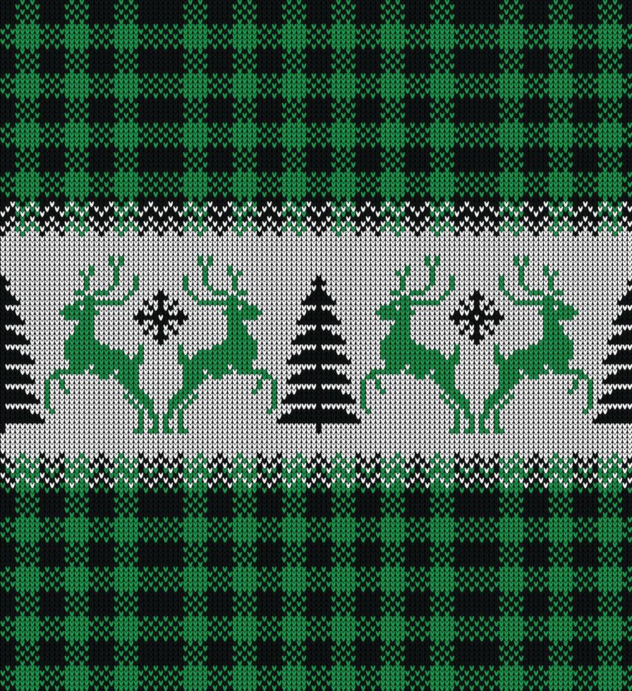 Ugly sweater at Buffalo Plaid Merry Christmas and Happy New Year greeting card frame border . illustration knitted background seamless pattern with folk style scandinavian ornaments. vector