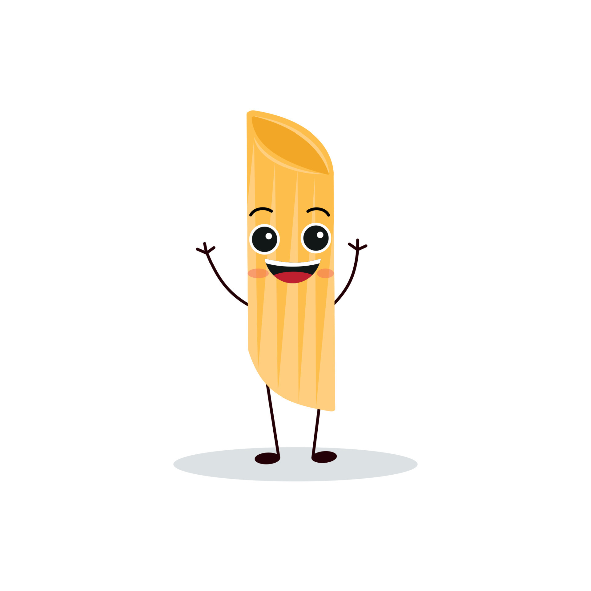 Pasta characters. Funny noodles with cute faces, hands and feet, comic