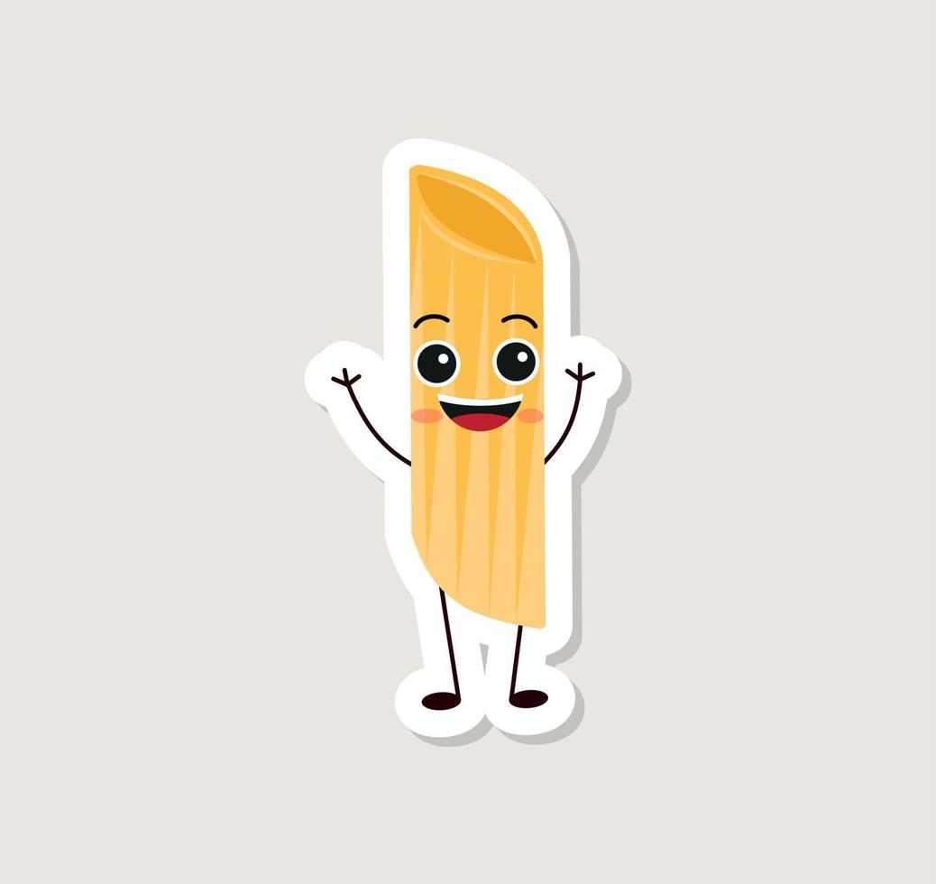 Sticker Pasta characters. Funny noodles with cute faces, hands and feet, comic spaghetti, rigati and fettuccine, happy italian cuisine ingredients, dry product vector cartoon flat isolated