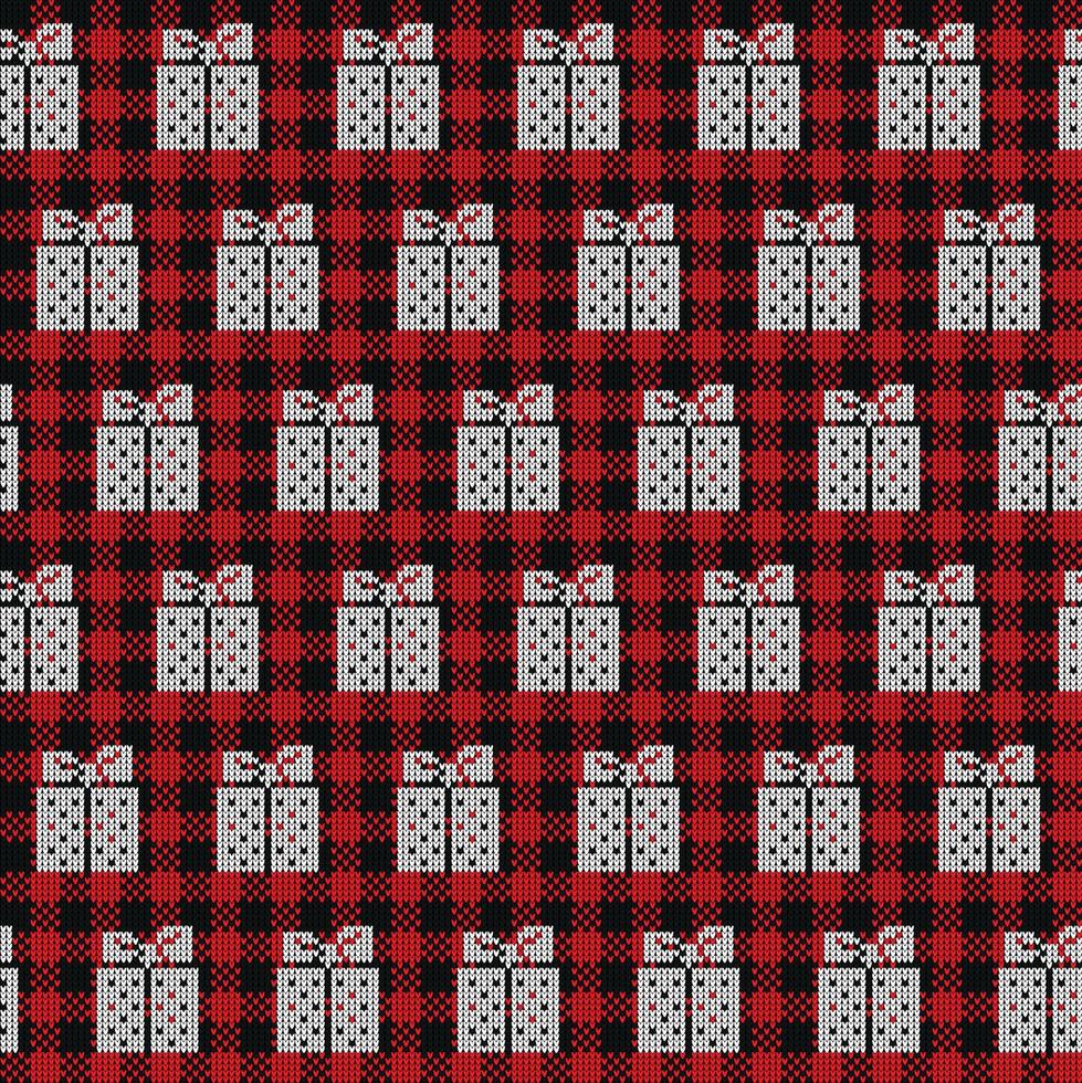 Ugly sweater at Buffalo Plaid Merry Christmas and Happy New Year greeting card frame border . illustration knitted background seamless pattern with folk style scandinavian ornaments. vector