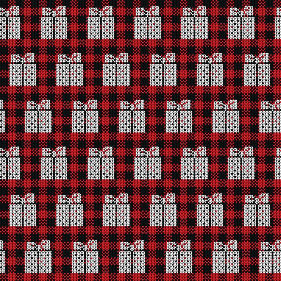 Ugly sweater at Buffalo Plaid Merry Christmas and Happy New Year greeting card frame border . illustration knitted background seamless pattern with folk style scandinavian ornaments. vector