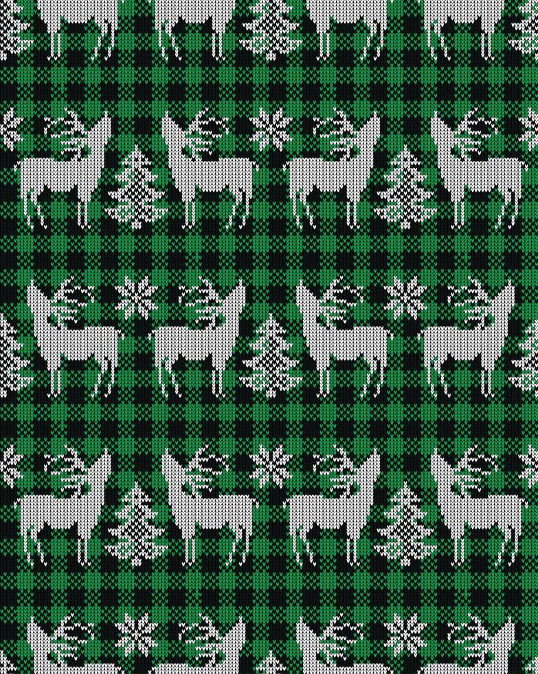 Ugly sweater at Buffalo Plaid Merry Christmas and Happy New Year greeting card frame border . illustration knitted background seamless pattern with folk style scandinavian ornaments. vector