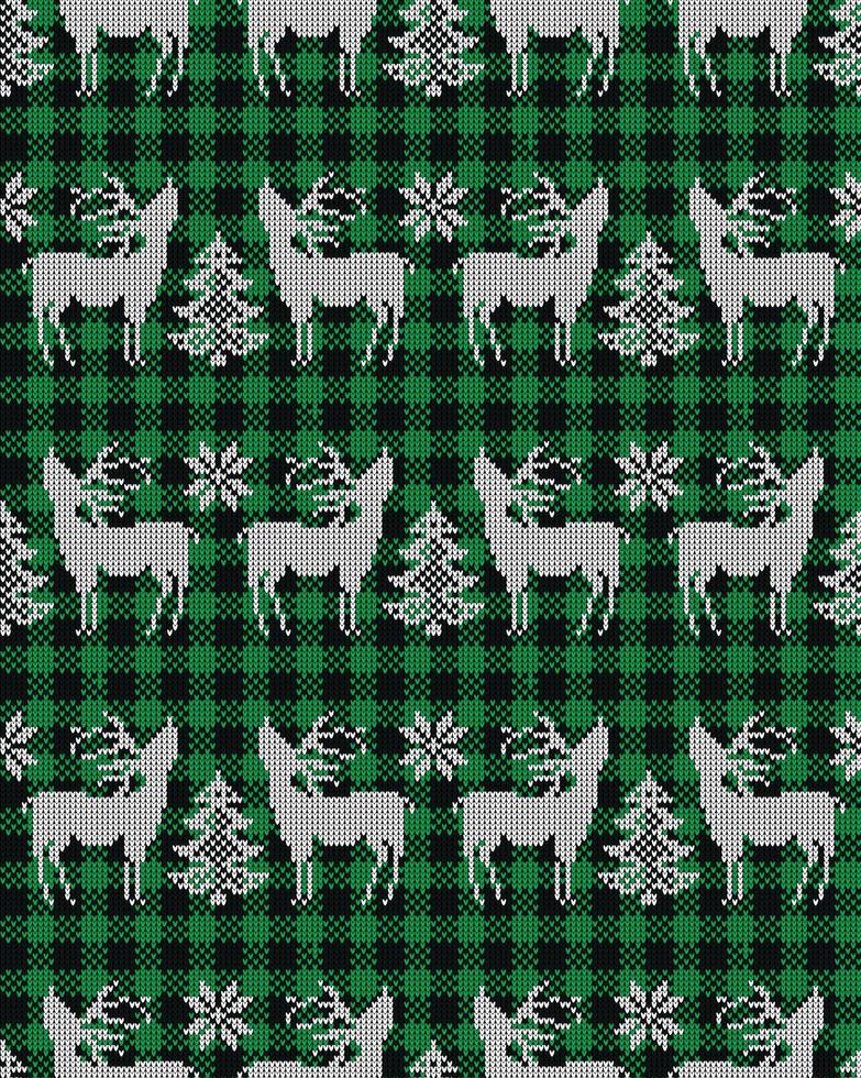 Ugly sweater at Buffalo Plaid Merry Christmas and Happy New Year greeting card frame border . illustration knitted background seamless pattern with folk style scandinavian ornaments. vector