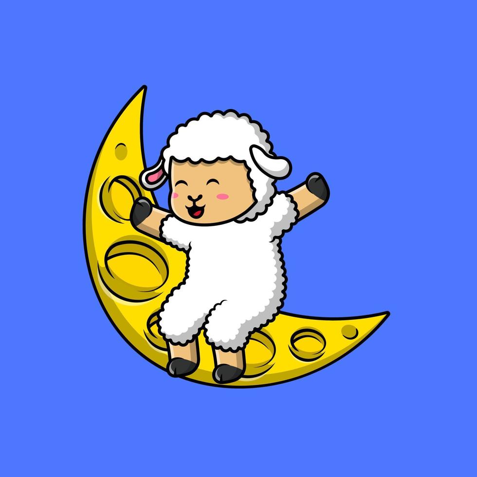 Cute Sheep Sitting On Moon Cartoon Vector Icons Illustration. Flat Cartoon Concept. Suitable for any creative project.