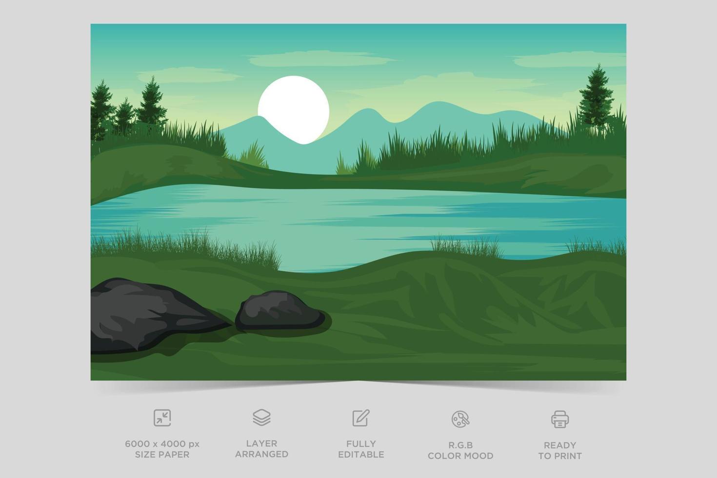 Beautiful landscape colorful river side nature scene flat design background template vector