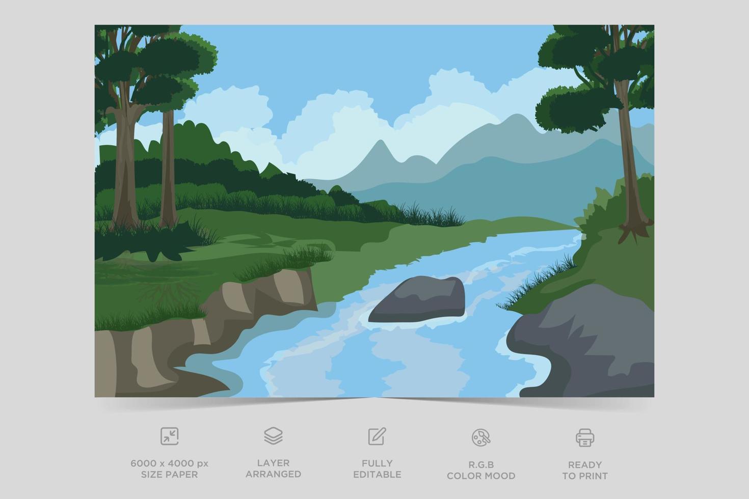 Beautiful landscape colorful river side nature scene flat design background template vector