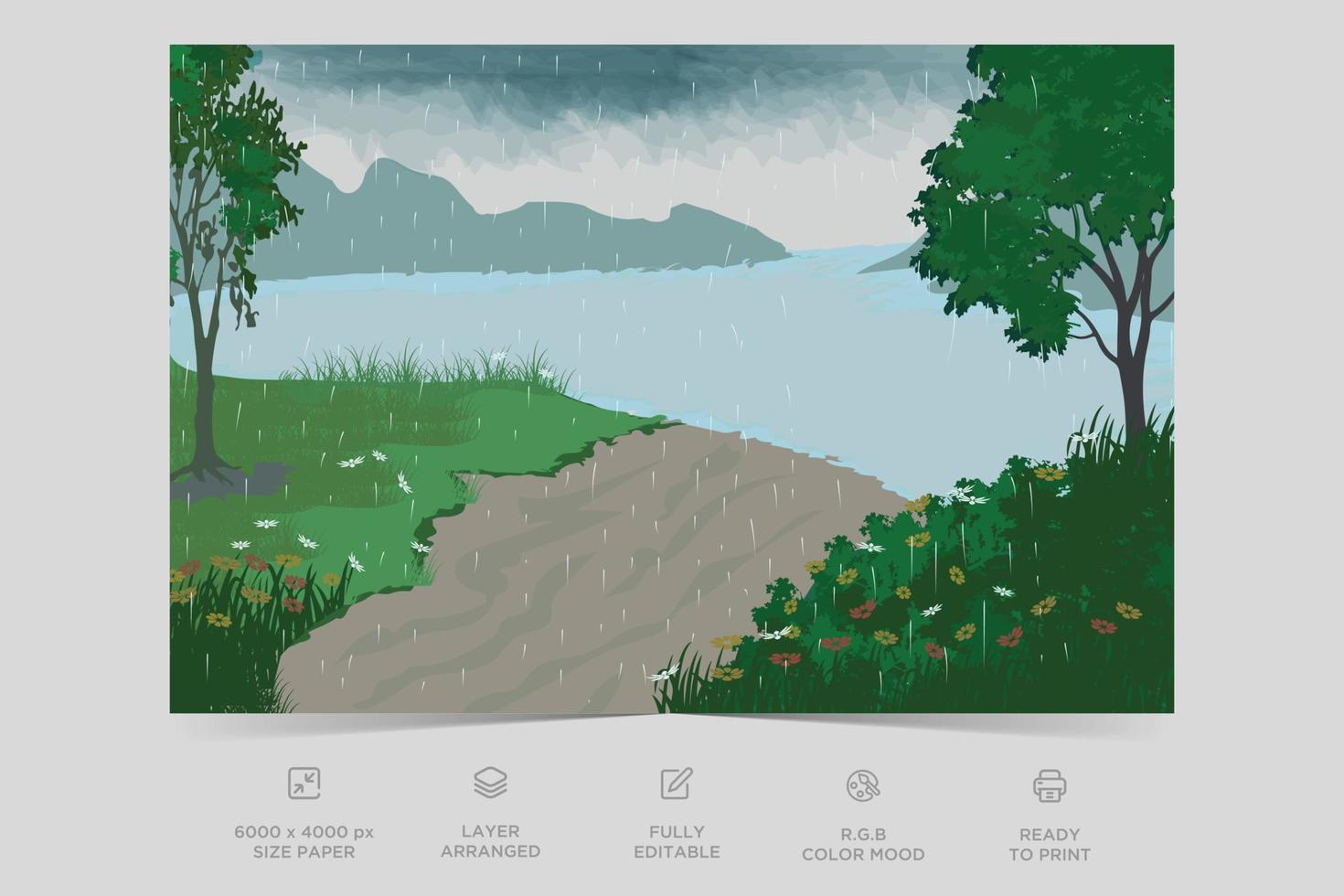 Beautiful landscape colorful river side nature scene flat design background template vector