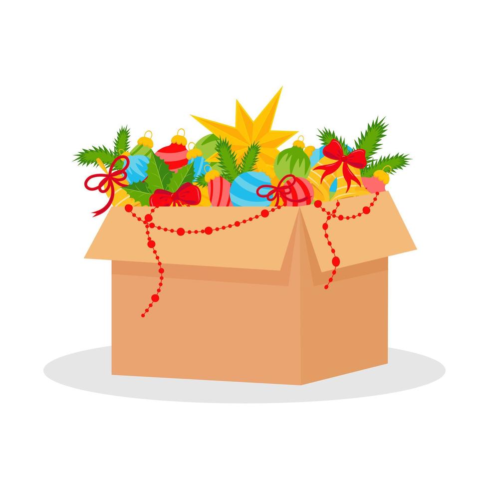 Cardboard box with Christmas decorations. Vector illustration.