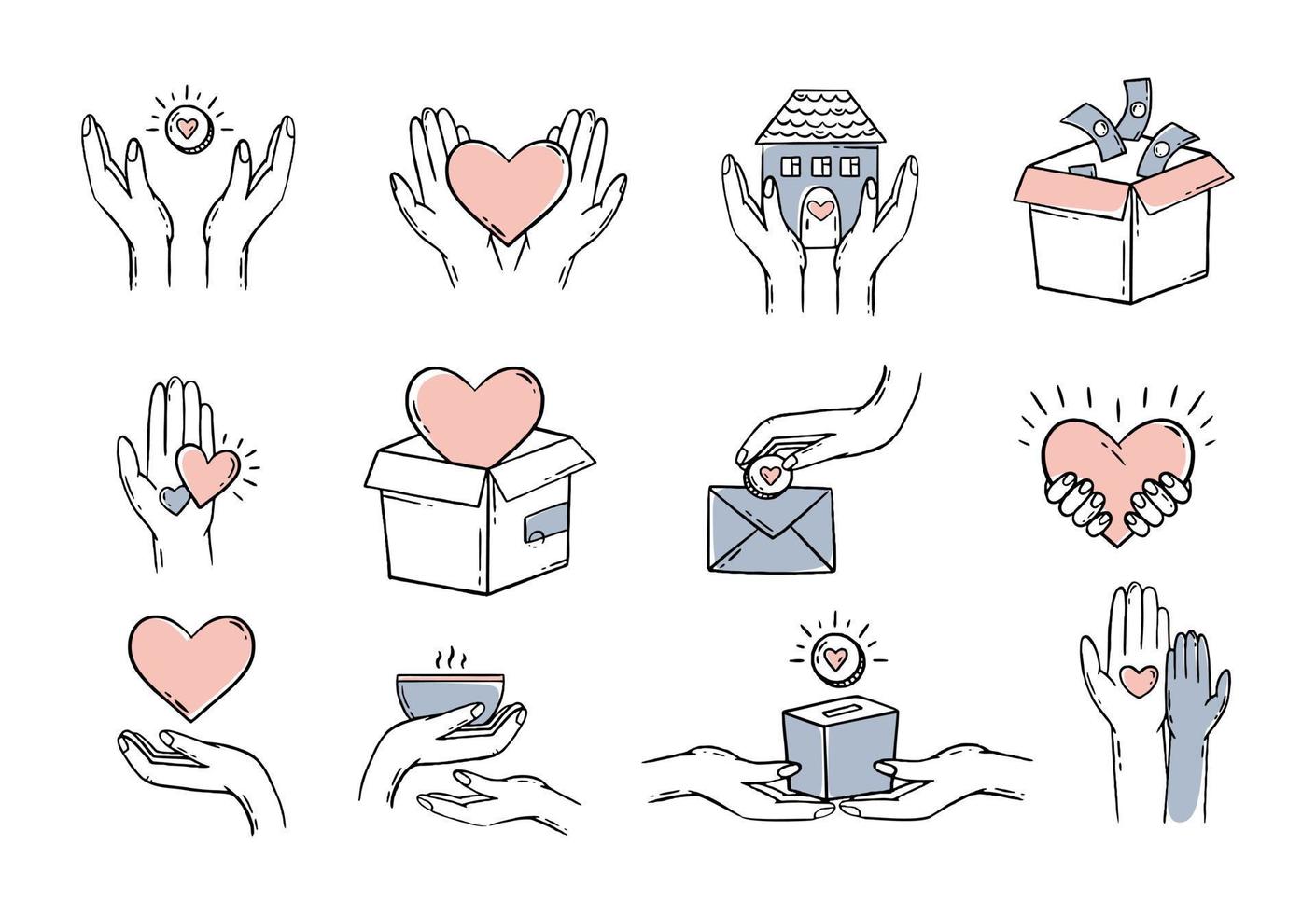 Charity donation for health. A set with elements of hearts in his hands. Vector illustration of a doodle