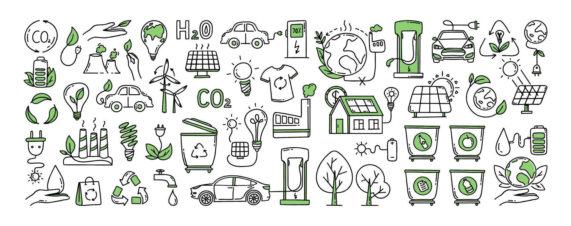 A set of elements. Co2 concept of climate change. Recycling. Separation of garbage. Vector isolated doodle