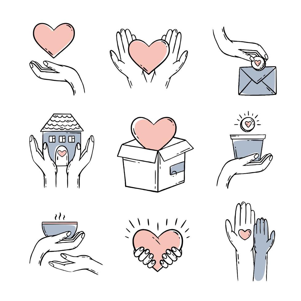 donación de caridad para la salud. un conjunto con elementos de corazones en sus manos. ilustración vectorial de un garabato vector