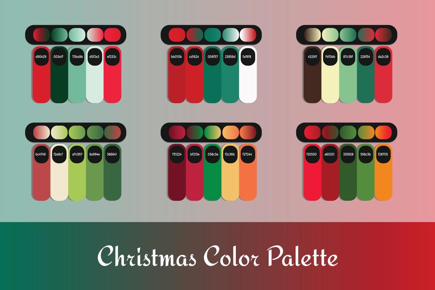 6 paletas de colores navideñas diferentes con degradado de color vector