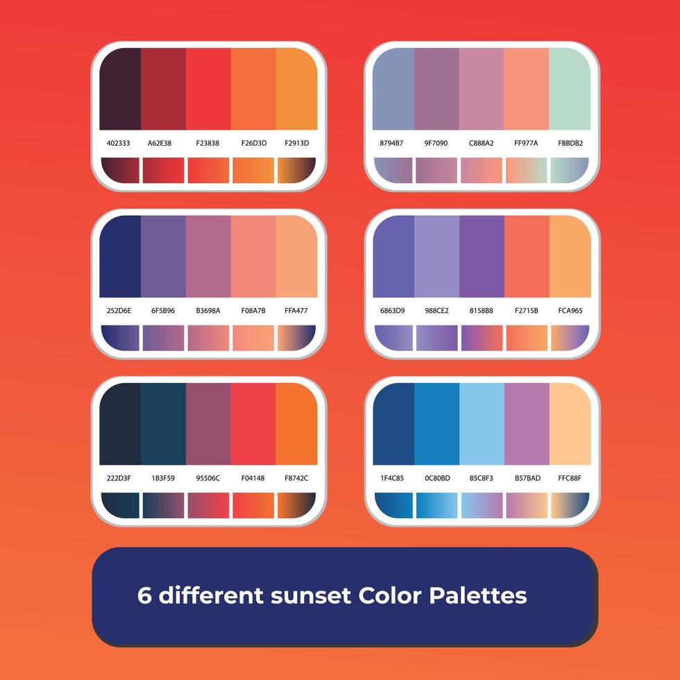 6 different sunset color palettes with gradient color vector