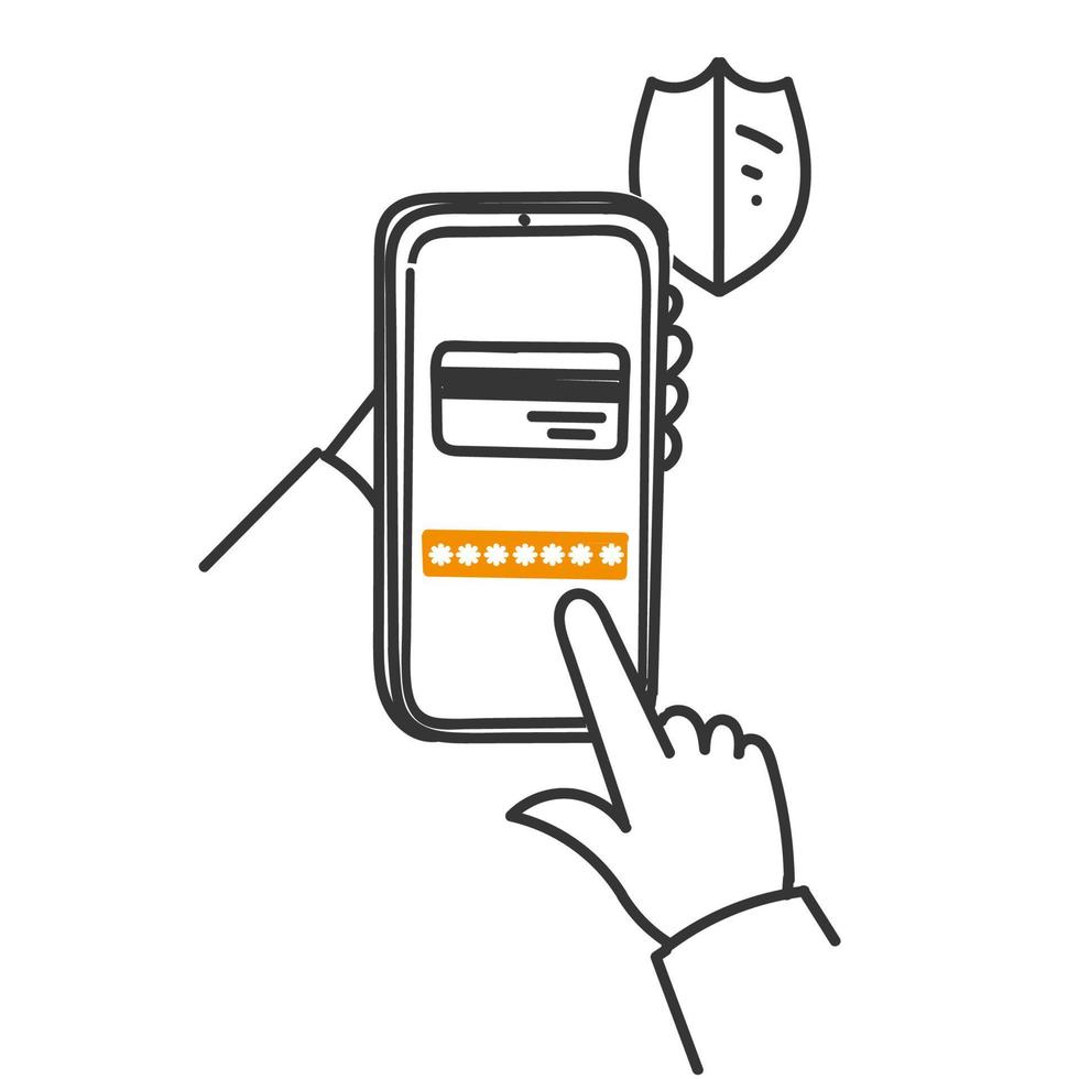 hand drawn doodle mobile phone card shield and password illustration vector