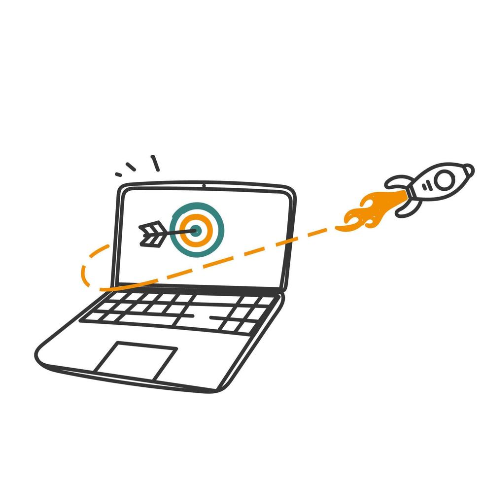hand drawn doodle laptop with dartboard arrow and rocket launch symbol for SEO vector