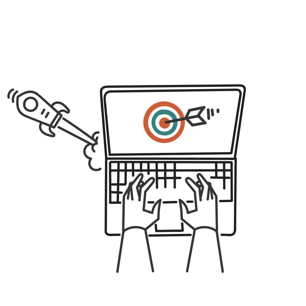 hand drawn doodle laptop with dartboard arrow and rocket launch symbol for SEO vector