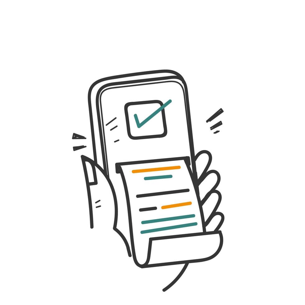 hand drawn doodle mobile phone banking with receipt illustration vector