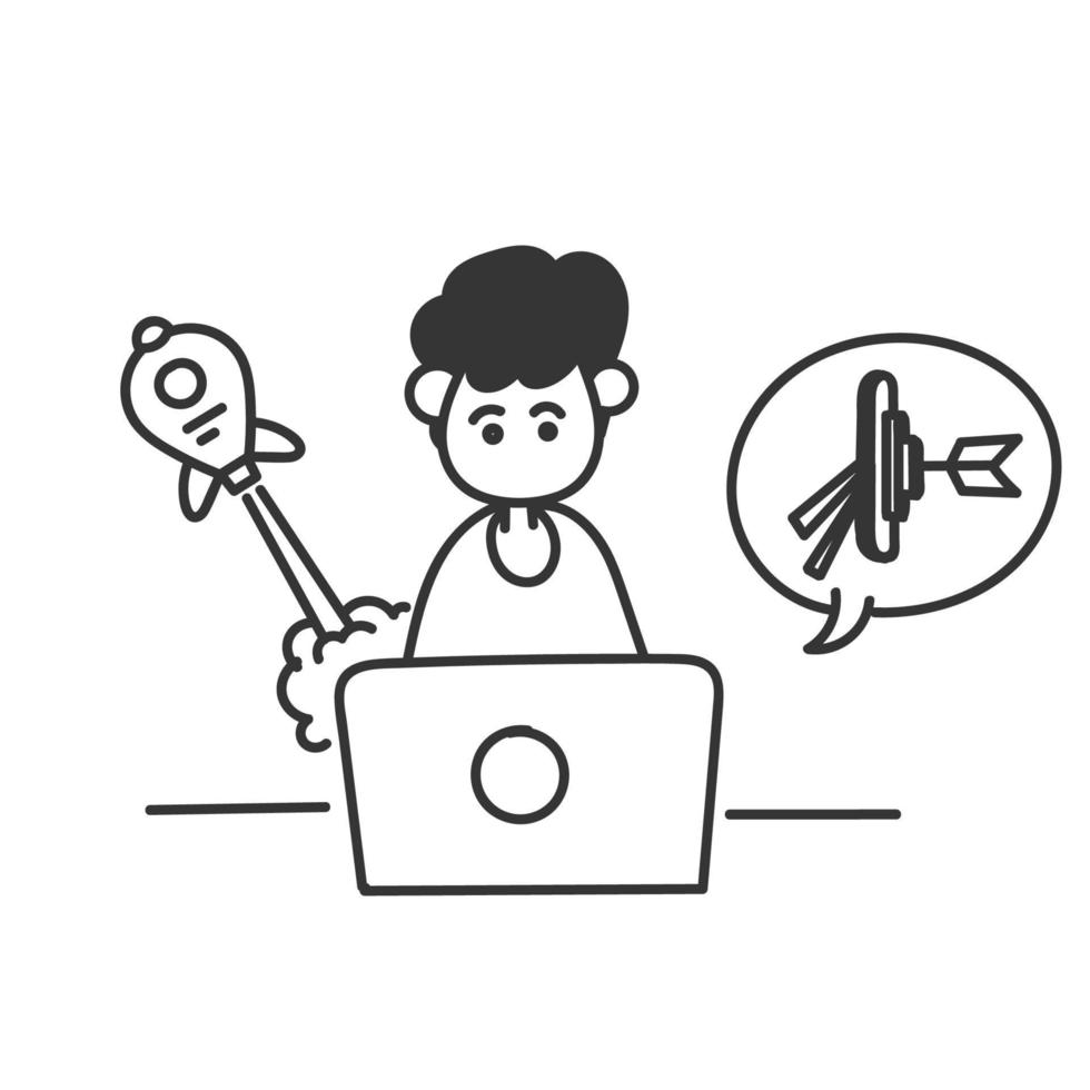 hand drawn doodle laptop with dartboard arrow and rocket launch symbol for SEO vector