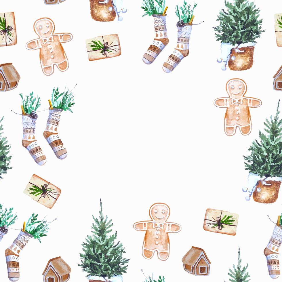 marco acogedor navideño acuarela para textiles, servilletas, decoración con árbol de navidad, panes de jengibre, calcetines y regalos vector