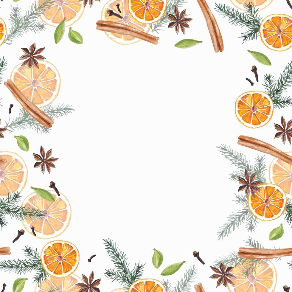 marco de vacaciones de navidad decorado con naranjas, árbol de hoja perenne, especias acuarela dibujadas a mano para textiles, servilletas, tarjetas de regalo, papel de regalo vector