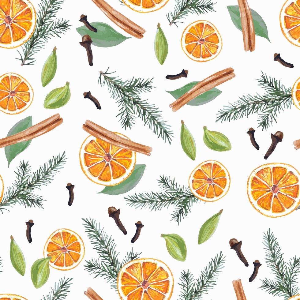 patrón transparente de navidad acuarela con ingredientes para naranjas de vino caliente y especias para textiles, servilletas, papel de regalo, papeles pintados y otras decoraciones vector