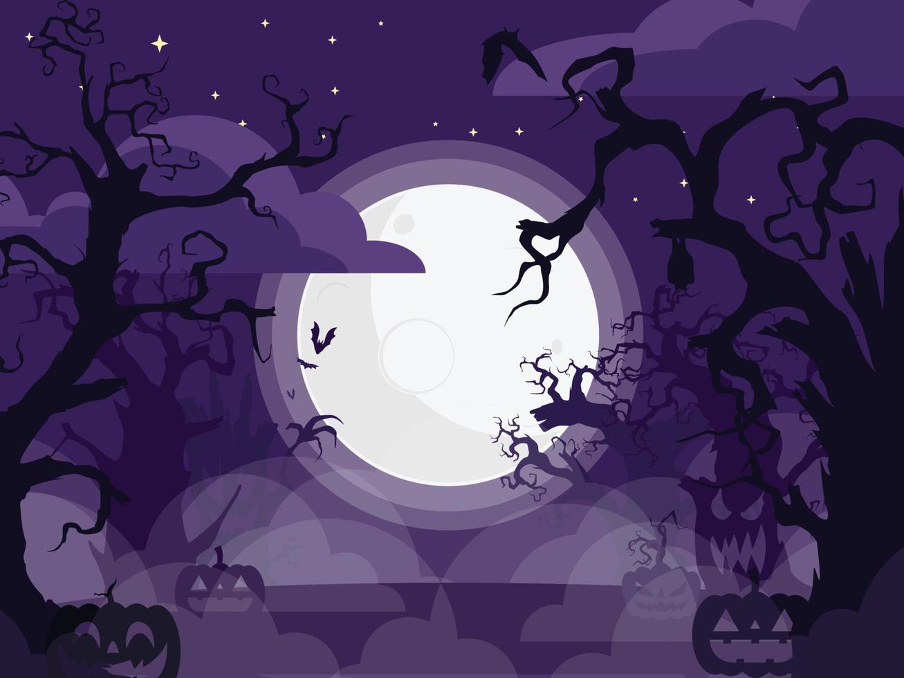 bosque aterrador con luna y calabaza. bosque de halloween para el vector de fondo eps10