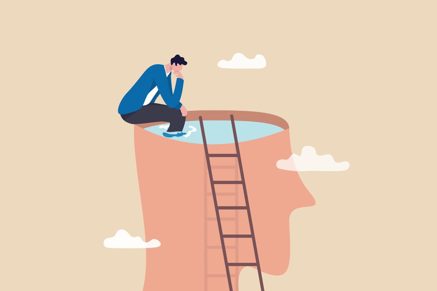 Psychology, mindset or thinking process, thought or imagination, wisdom or intelligence brain, solving problem or mental and emotional concept, contemplation thinking man climbing to sit on his brain. vector