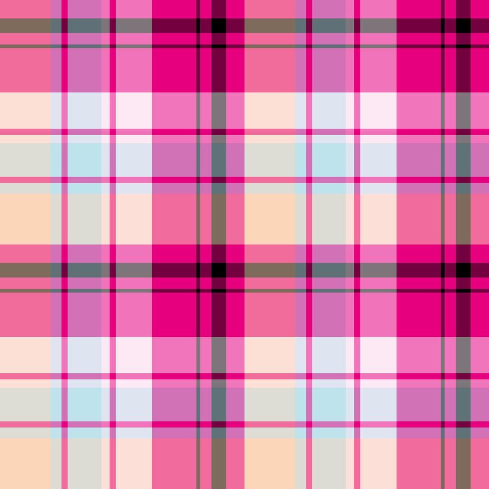 Seamless pattern in bright pink, black, light orange, blue colors for plaid, fabric, textile, clothes, tablecloth and other things. Vector image.