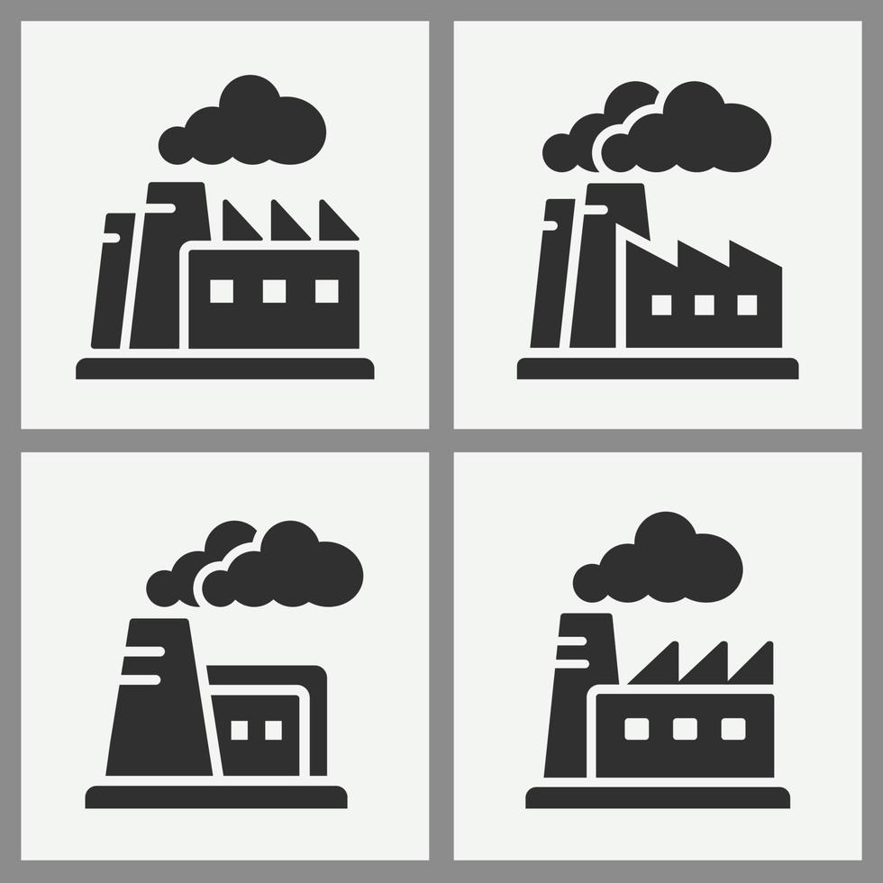 Factory building vector icon set on black background.