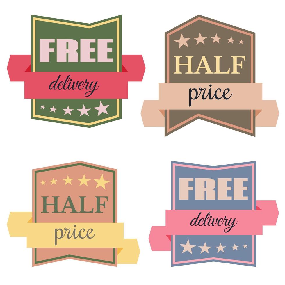 Set of Vector Badges with Ribbons and the Words Half price and Free delivery. Isolated vector illustration.