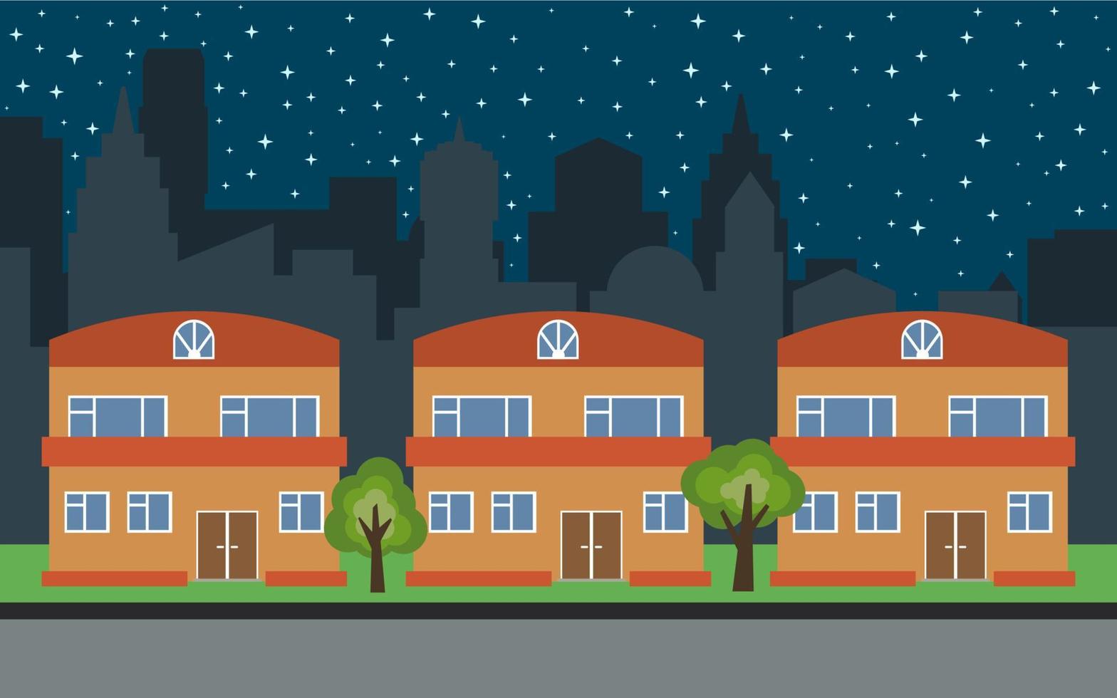 Vector city with three two-story cartoon houses and green trees at night. Summer urban landscape. Street view with cityscape on a background