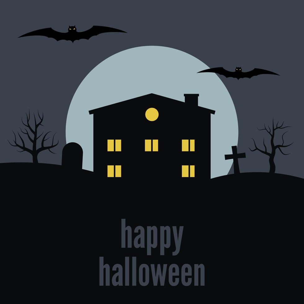 Lonely house on the background of the moon and the inscription Happy Halloween. Vector illustration