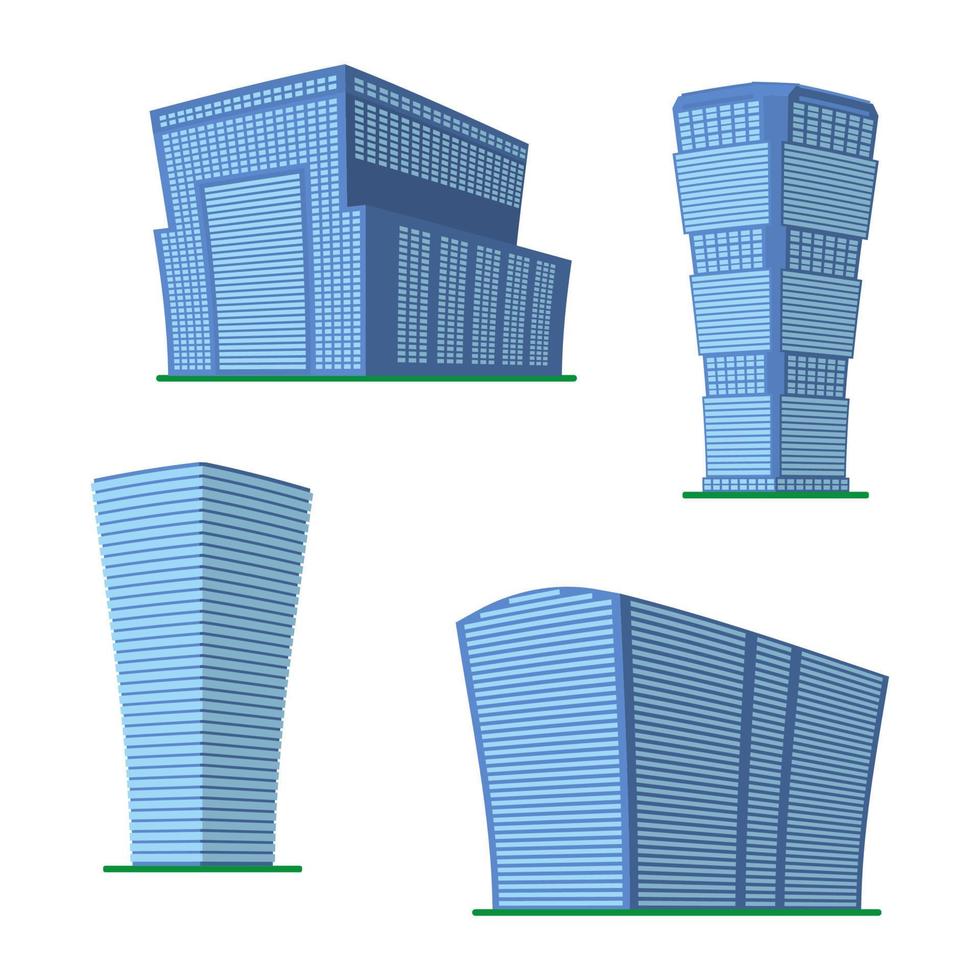 conjunto de cuatro edificios modernos de gran altura sobre un fondo blanco. vista del edificio desde abajo. ilustración vectorial isométrica. vector