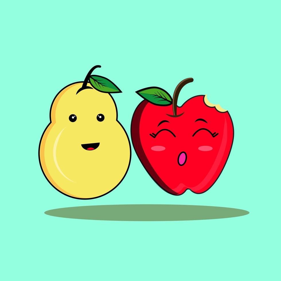 dibujos animados de pera y manzana lindo divertido feliz por la educación, logotipo de personaje de mascota, icono de ilustración de dibujos animados planos, ilustración de libros para niños, concepto de pegatina. vector