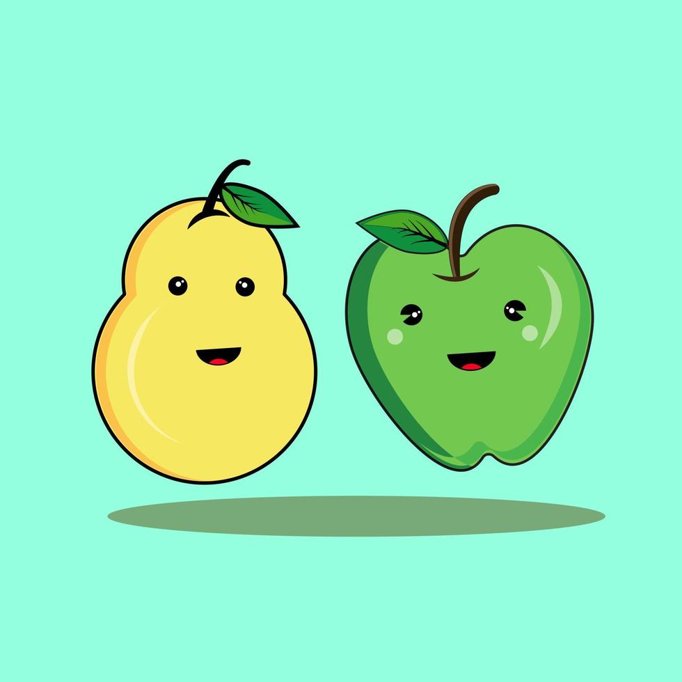 Cartoon pear and apple Cute funny happy for education, mascot character logo, flat cartoon illustration icon, children's book illustration, sticker concept. vector