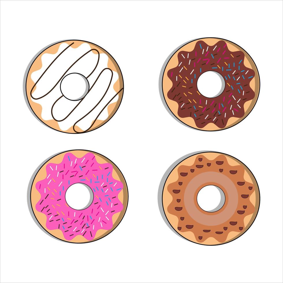 Donut vector set. Donut collection. Sweet sugar icing donuts. break time with white chocolate, strawberry and chocolate donuts top view.