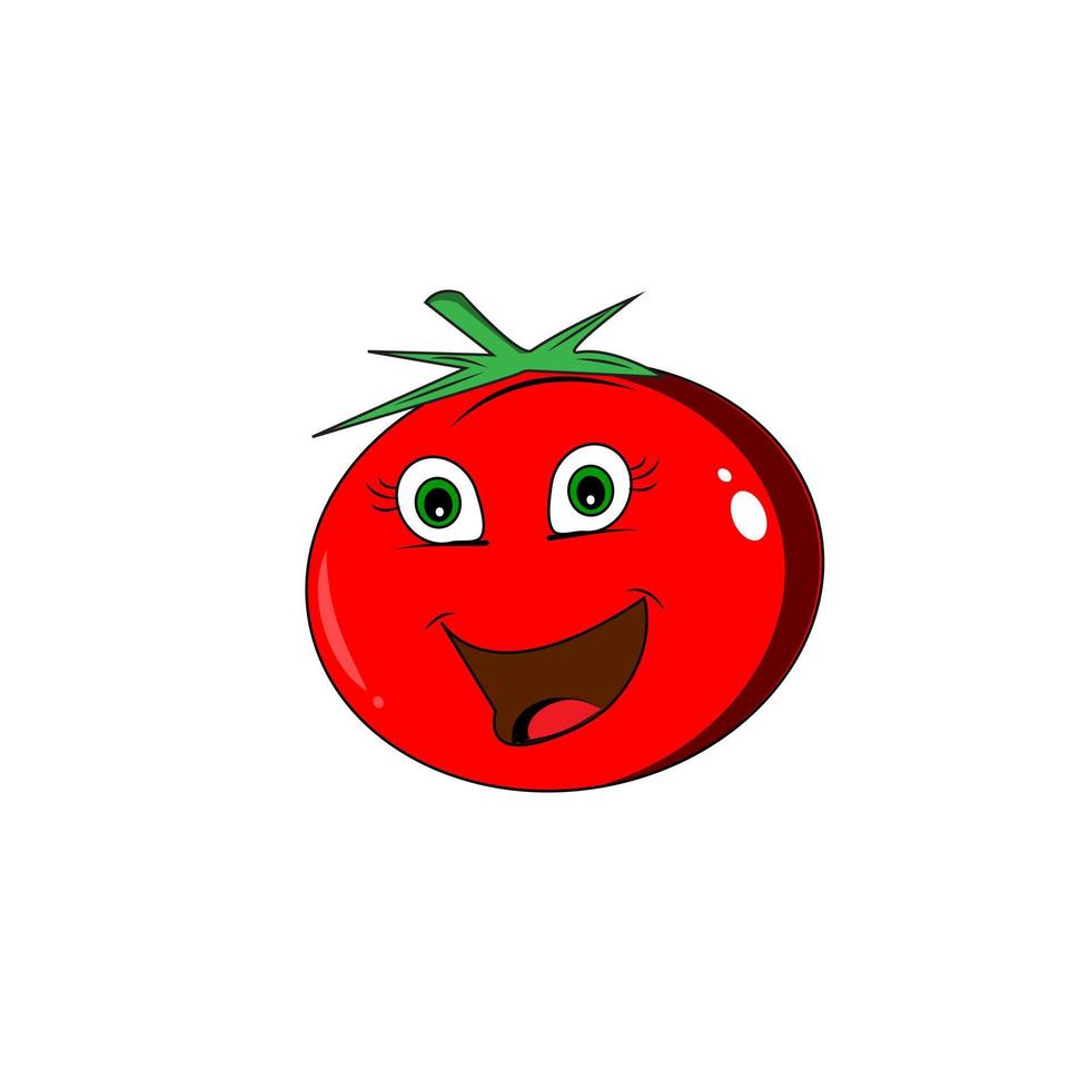 personaje de dibujos animados de tomate aislado sobre fondo blanco. Ilustración de vector de mascota divertida comida saludable en diseño plano.