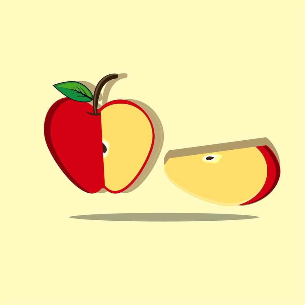 fruta entera de manzana roja y media rebanada aislada sobre fondo blanco. icono de manzana dulce madura para el diseño de paquetes. ilustración de fruta vectorial en estilo plano. vector