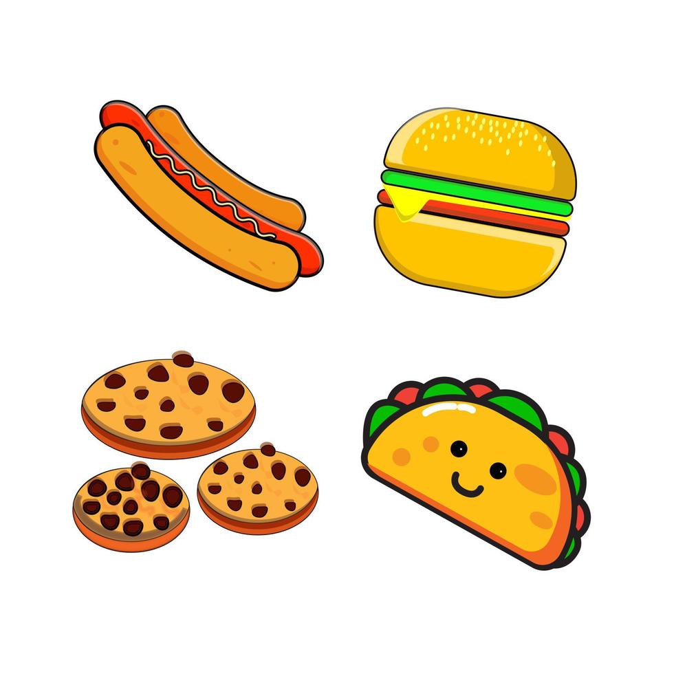 Set of junk food icon flat design. Fastfood and sweets icons. Design element for cafe menus. Taco, burger, cookies and sosis vector