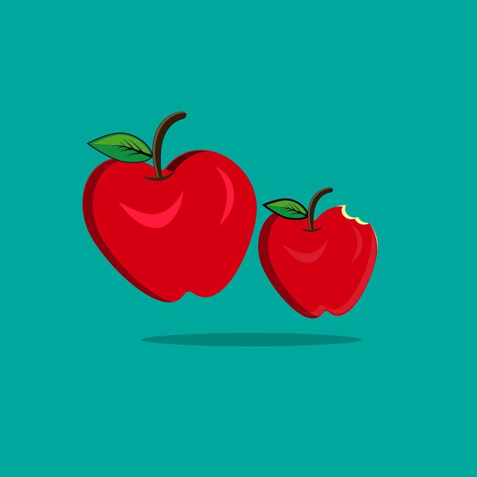 Two Red apple with missing a bite isolated on red background. Vector illustration.