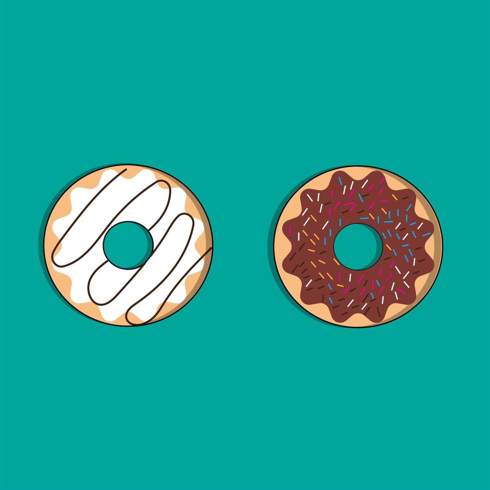 Donut vector set. Donut collection. Sweet sugar icing donuts. break time with white chocolate, strawberry and chocolate donuts top view.