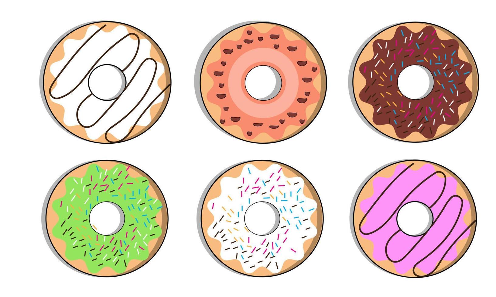 Donut vector set. Donut collection. Sweet sugar icing donuts. break time with white chocolate, strawberry and chocolate donuts top view.