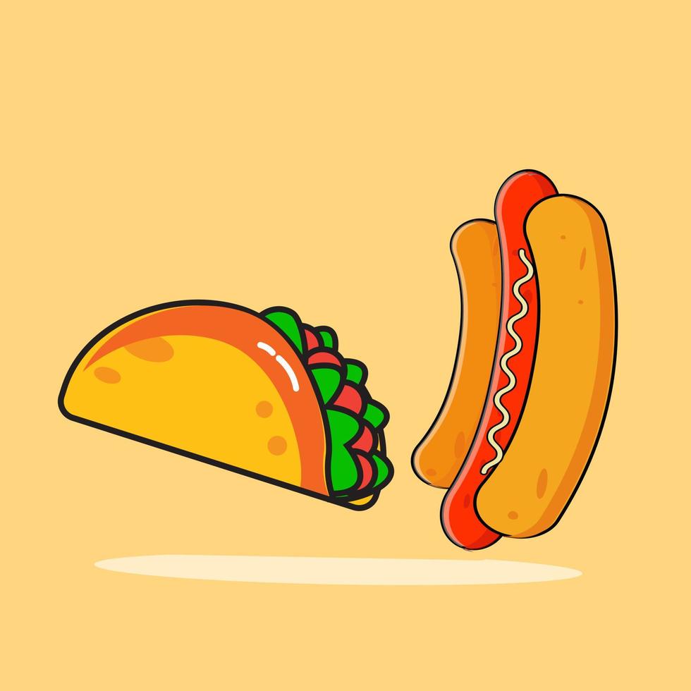 Set of junk food icon flat design. Fastfood and sweets icons. Design element for cafe menus. Taco, burger, cookies and sosis vector