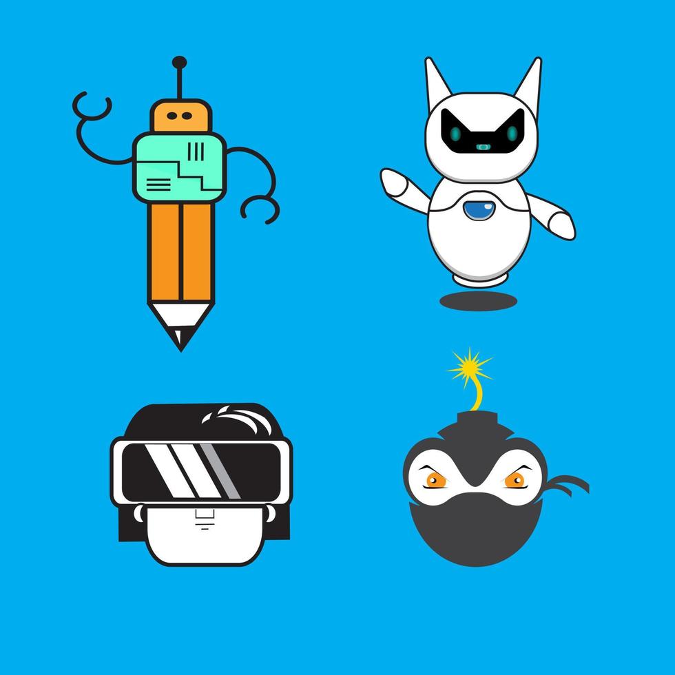 Set with Cute Cartoon Robots, Robots vector set of four characters on a blue background