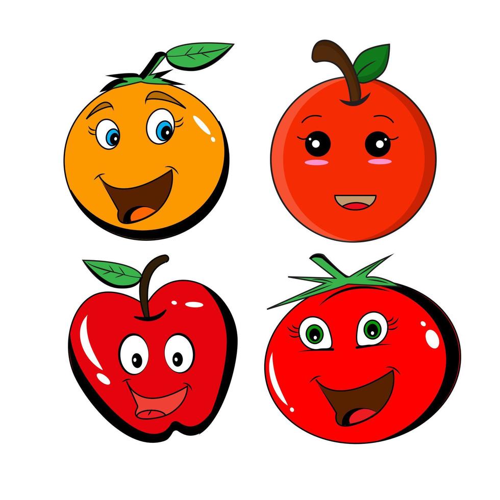 feliz lindo conjunto de cara de fruta sonriente. colección de iconos de ilustración de personaje de dibujos animados kawaii plano vectorial. lindo concepto de conjunto de emoji de personaje de naranja, manzana y tomate vector