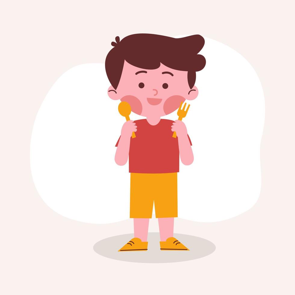 boy eating and holding spoon and fork vector