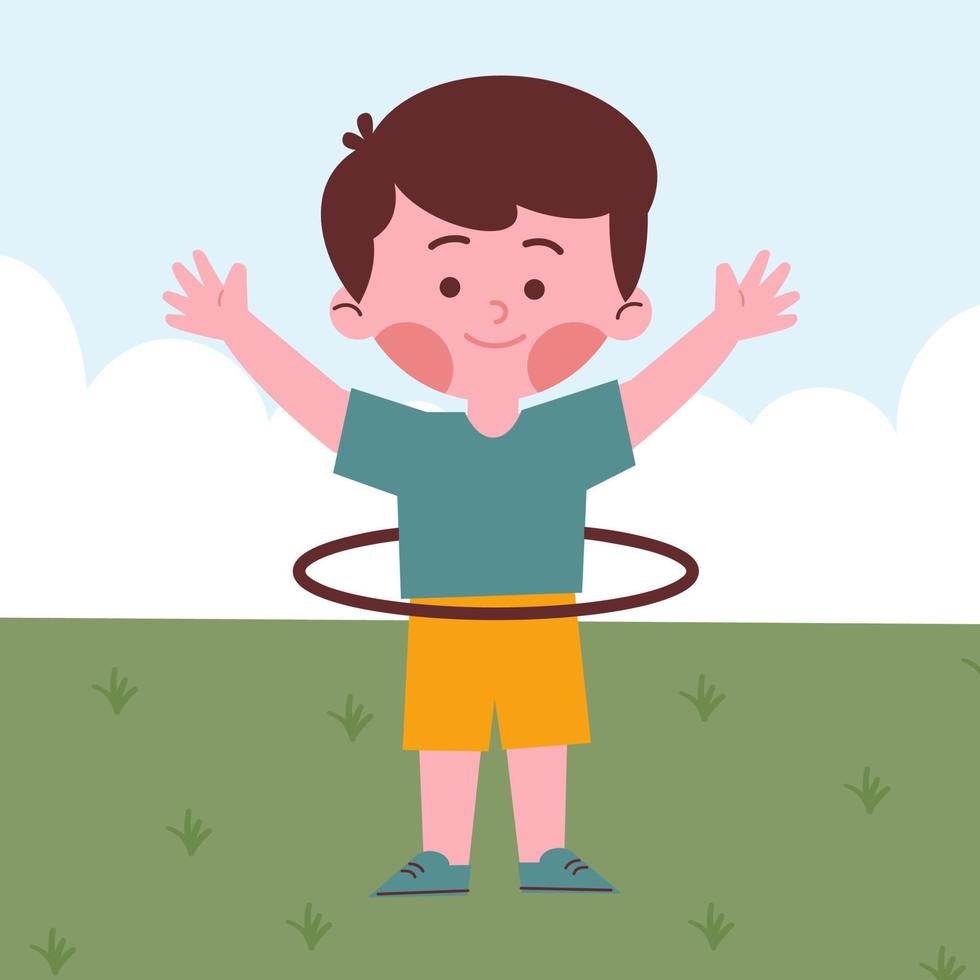 niño jugando hula hoop vector