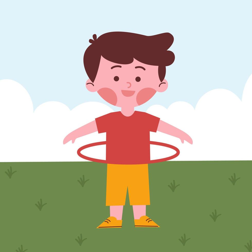 niño jugando hula hoop vector